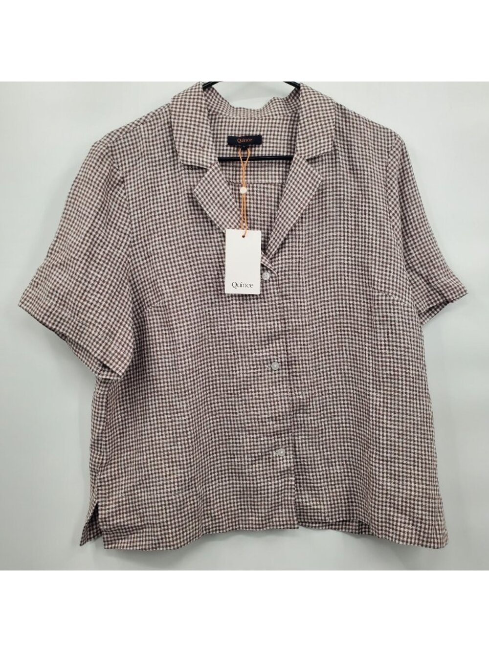 Quince 100% European Linen Short Sleeve Shirt Men Size Large NWT Taupe Gingham